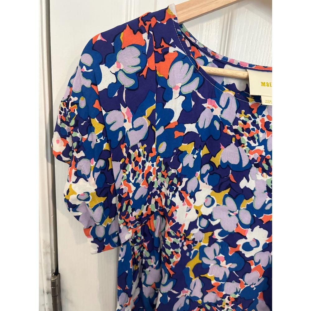 Maeve Anthropologie Floral Print Viscose Blouse Blue Purple XS Short‎ Sleeve Top - Picture 3 of 8